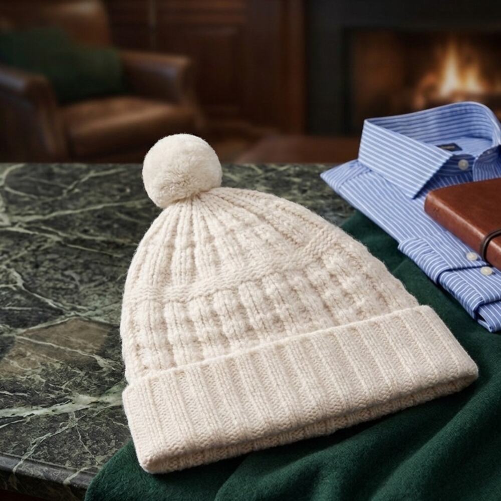 Brooks Brothers Country Club 100% Cashmere Beanie Hat Pom Cream Oatmeal Unisex